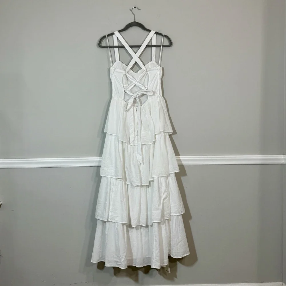 Abercrombie & Fitch COTTON Tiered White Maxi Dress Sz M Smocked Bodice Wedding